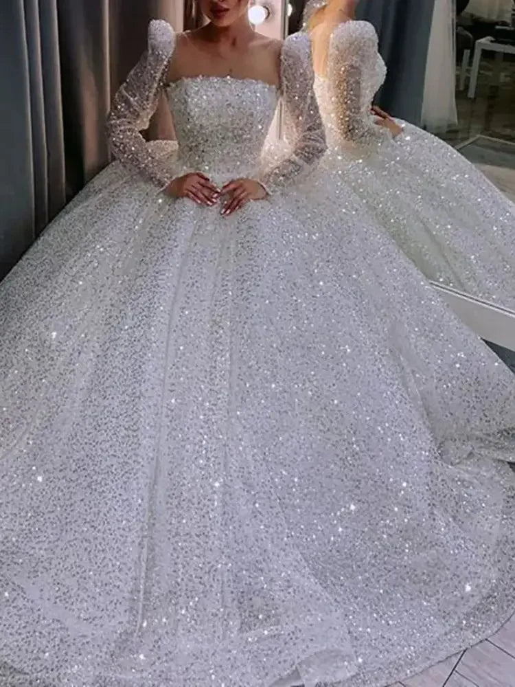 Princess Ball Gown Sequin White Wedding Dress Long Sleeves