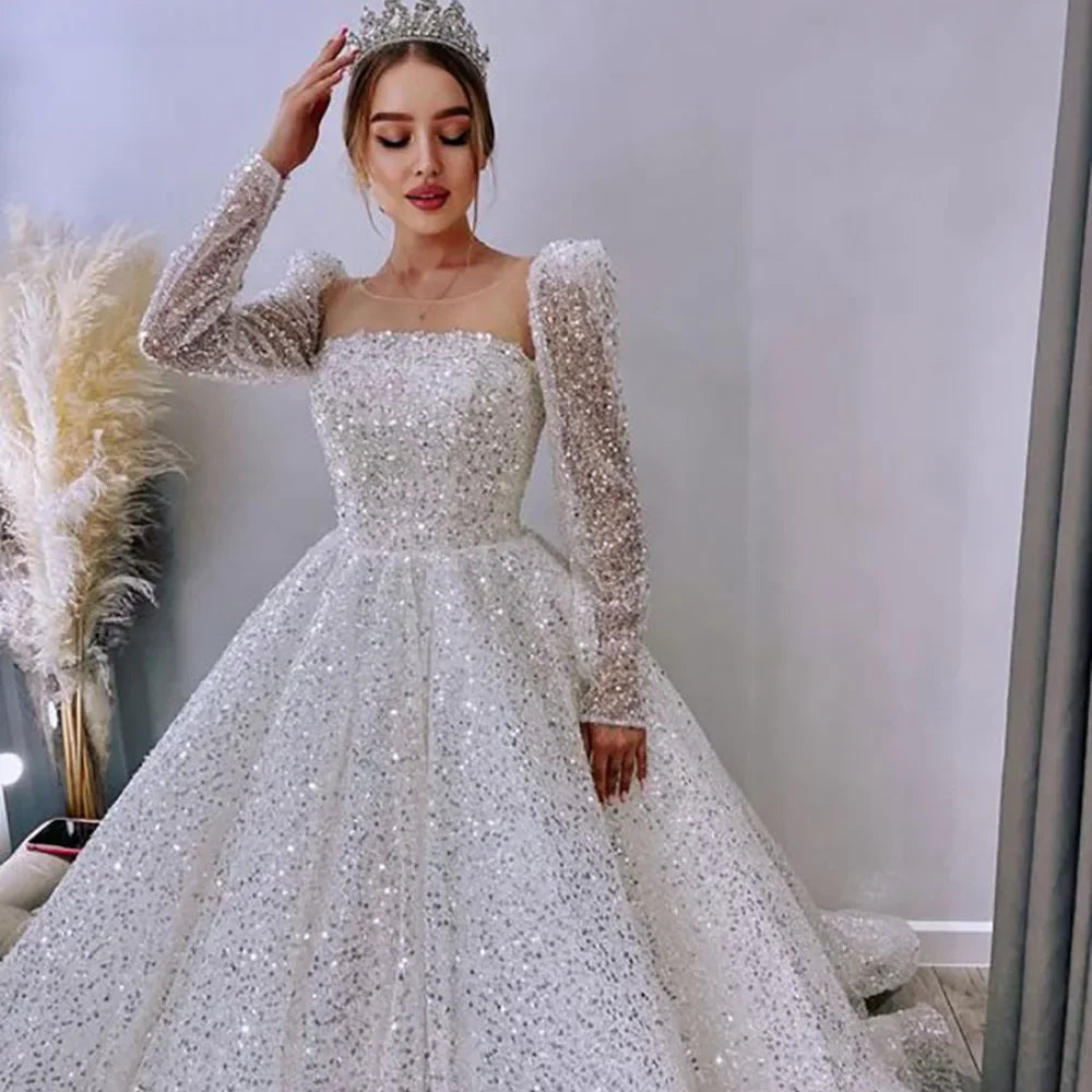 Princess Ball Gown Sequin White Wedding Dress Long Sleeves