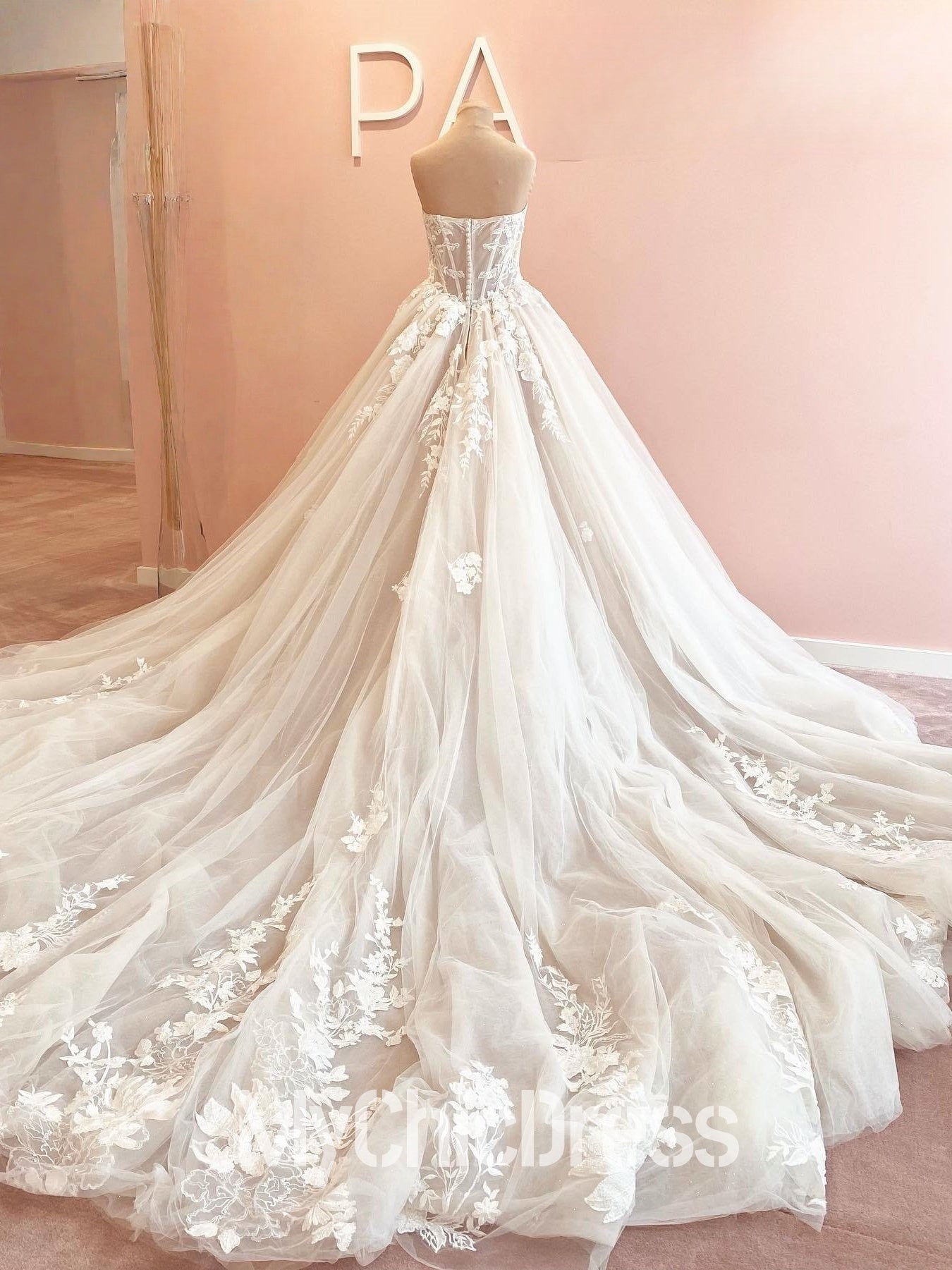 Princess Boho Lace Basque Waist Wedding Gown Strapless with Appliques