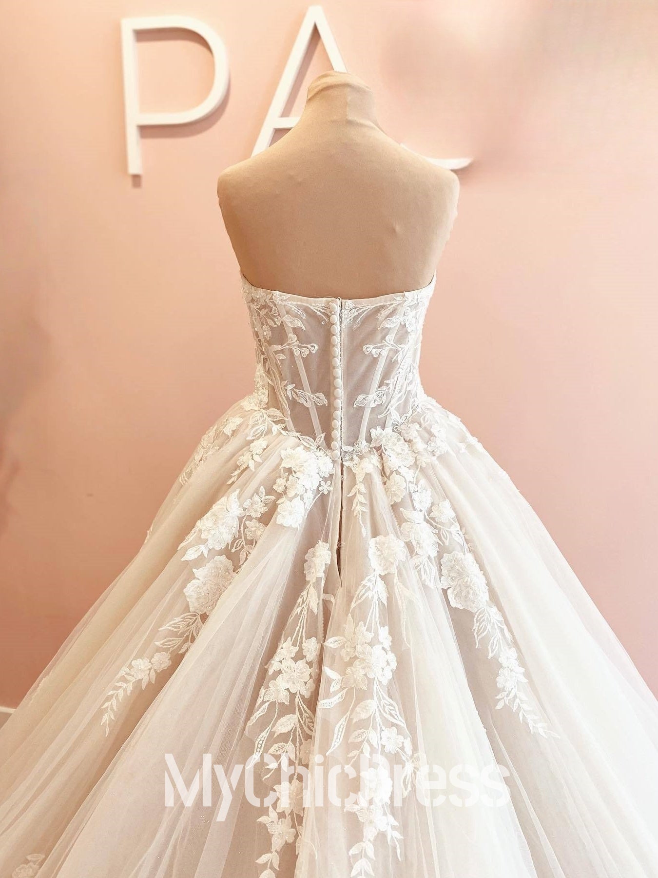 Princess Boho Lace Basque Waist Wedding Gown Strapless with Appliques