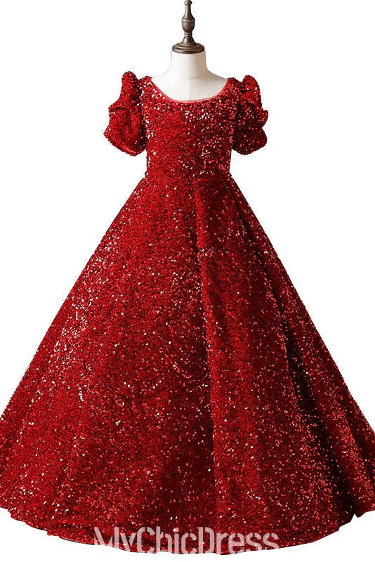 Princess Floor Length Red Sequins Pageant Gown Short Sleeves
