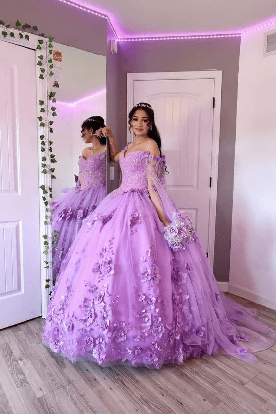 Princess Lilac Quinceanera Dresses 3D Flowers Ball Gown Tulle Dress
