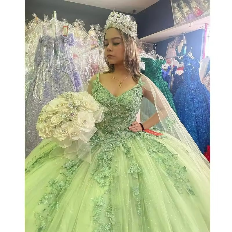 Princess Off Shoulder Green Quinceanera Dress With Cape 3D Butterfly