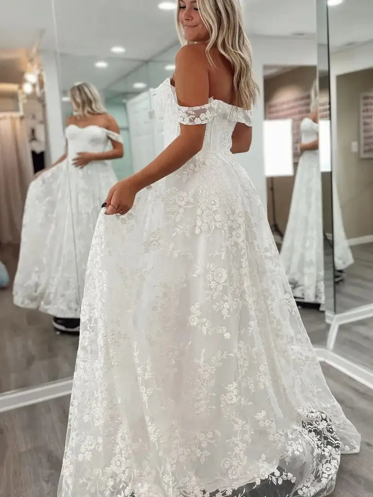 Princess Off Shoulder White Lace Country Wedding Dresses