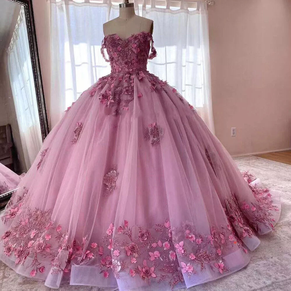 Princess Pink Quince Dresses Off The Shoulder 3D Flowers Mychicdress