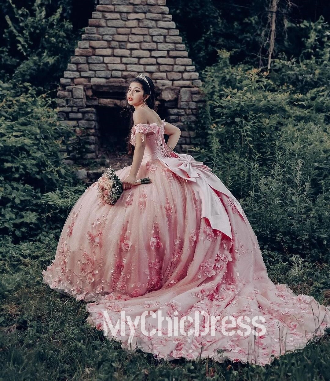 Princess Pink Quinceanera Dresses Discount Lace-Up 3D Flowers Ball Gowns