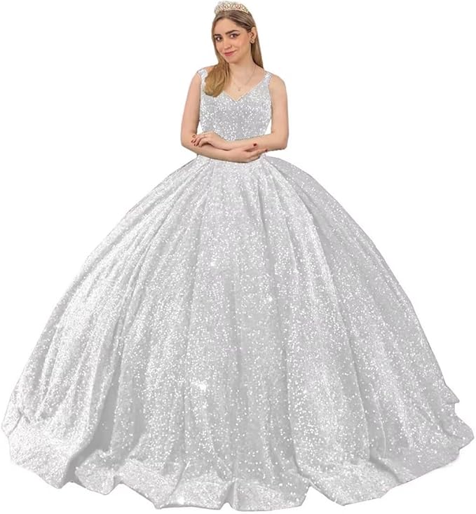 Princess Puffy white Sequin Quinceanera Dresses Mychicdress