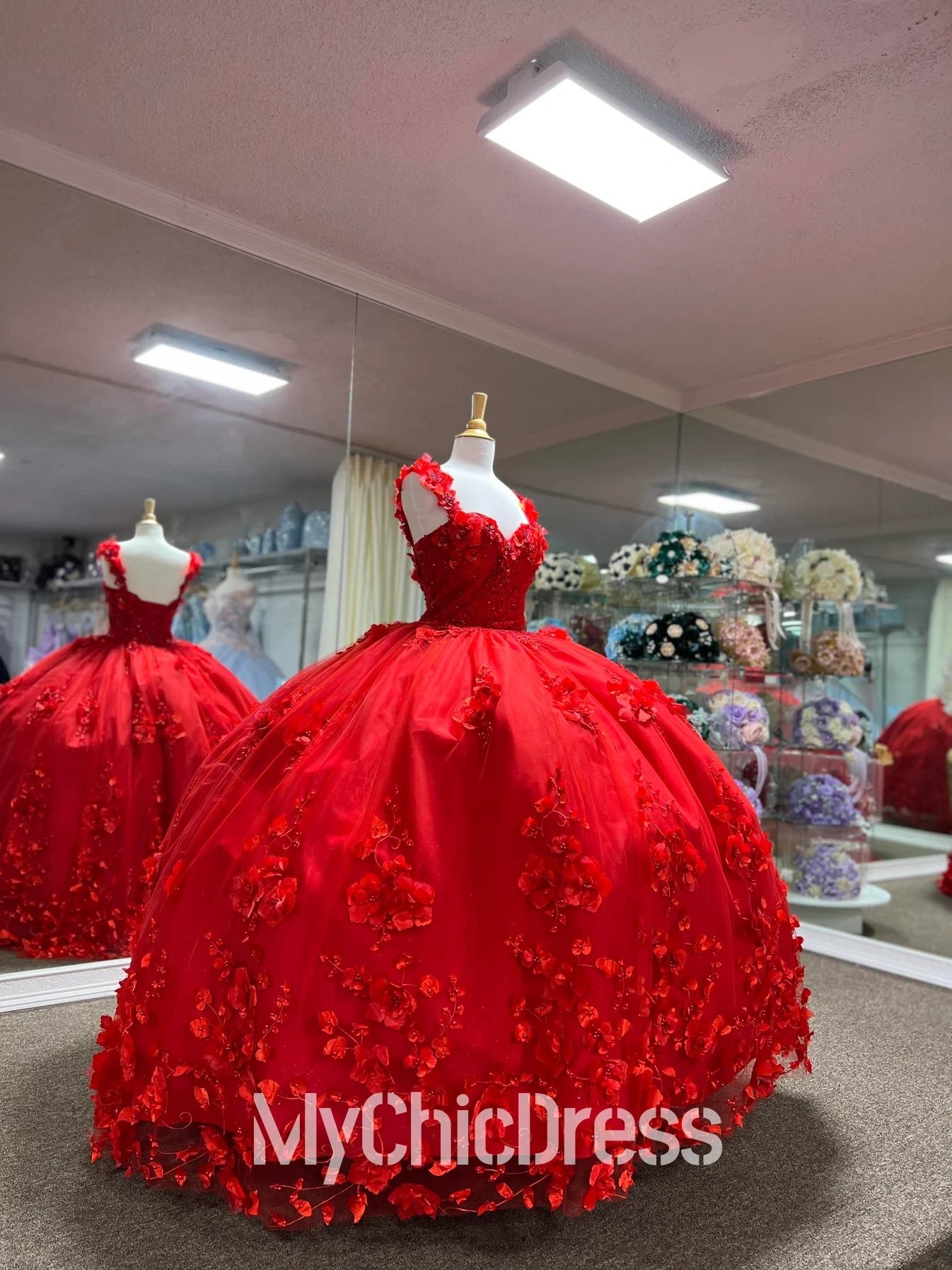 Mychicdress Princess Red Ball Gown Straps Quinecanera Dresses with 3D Flowers