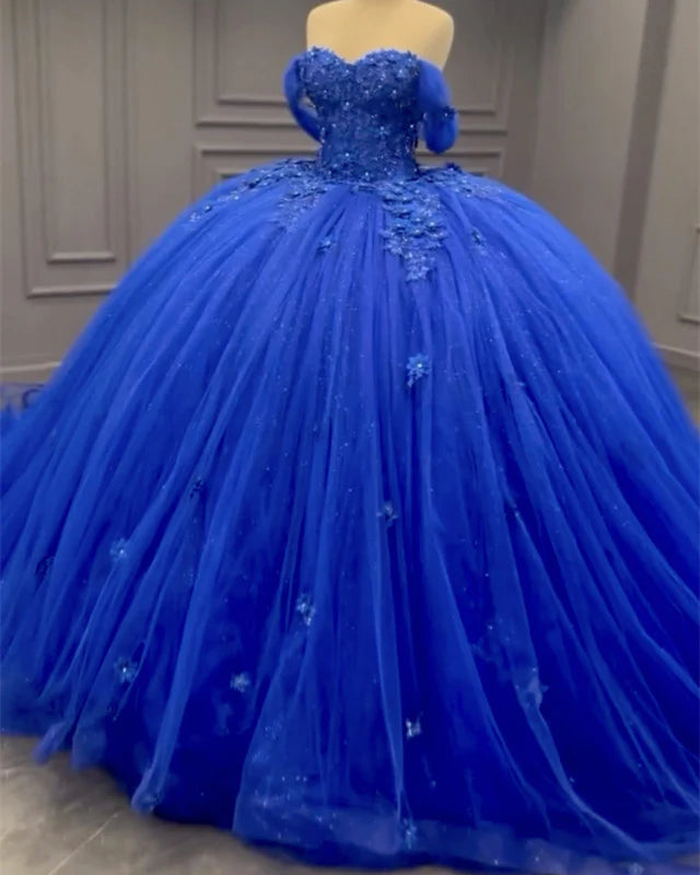 Princess Royal Blue Tulle Quinceanera Dresses Off Shoulder Appliques Dress Mychicdress