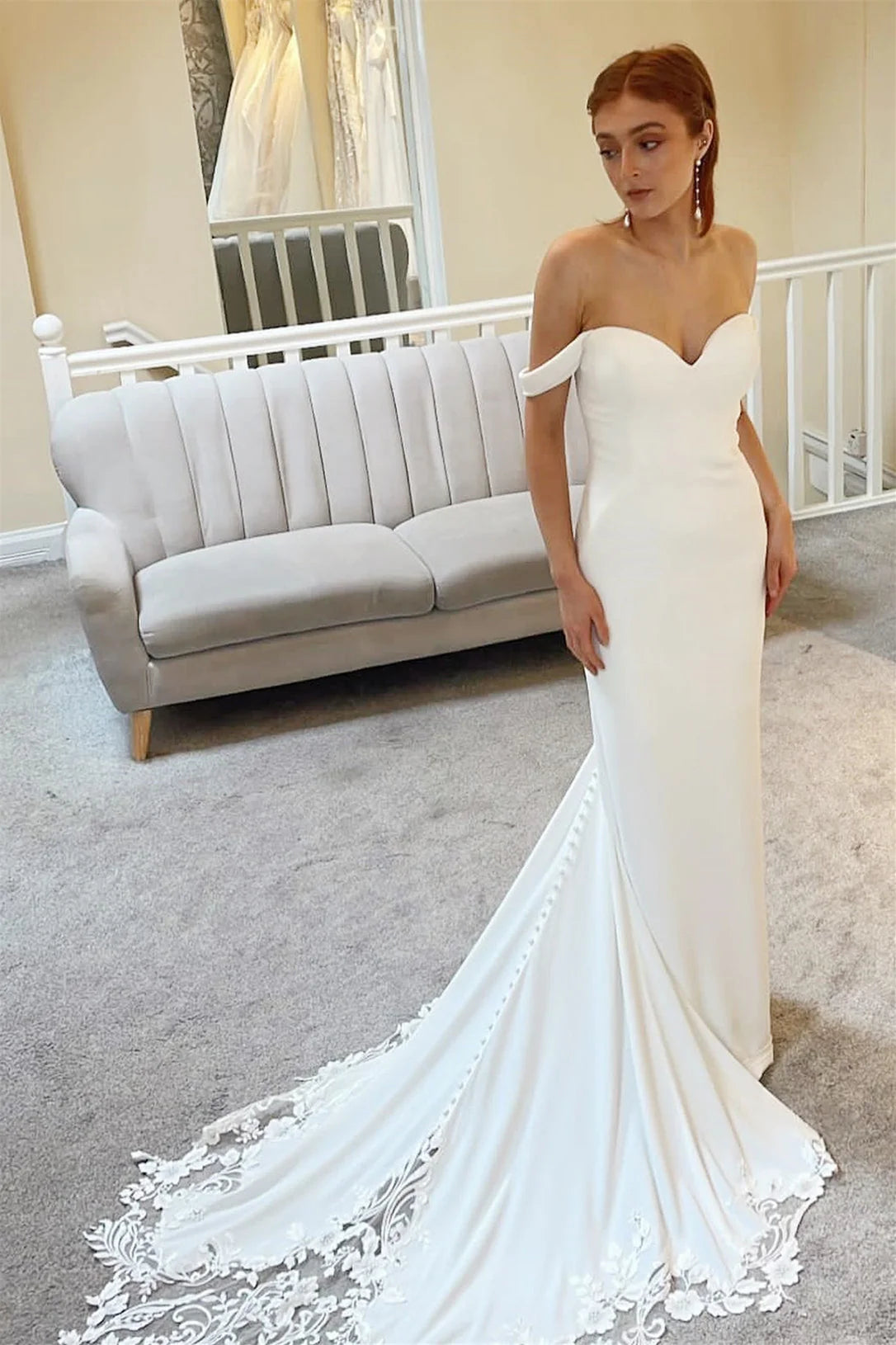 Princess Satin Lace Off-The-Shoulder Wedding Dress Mermaid
