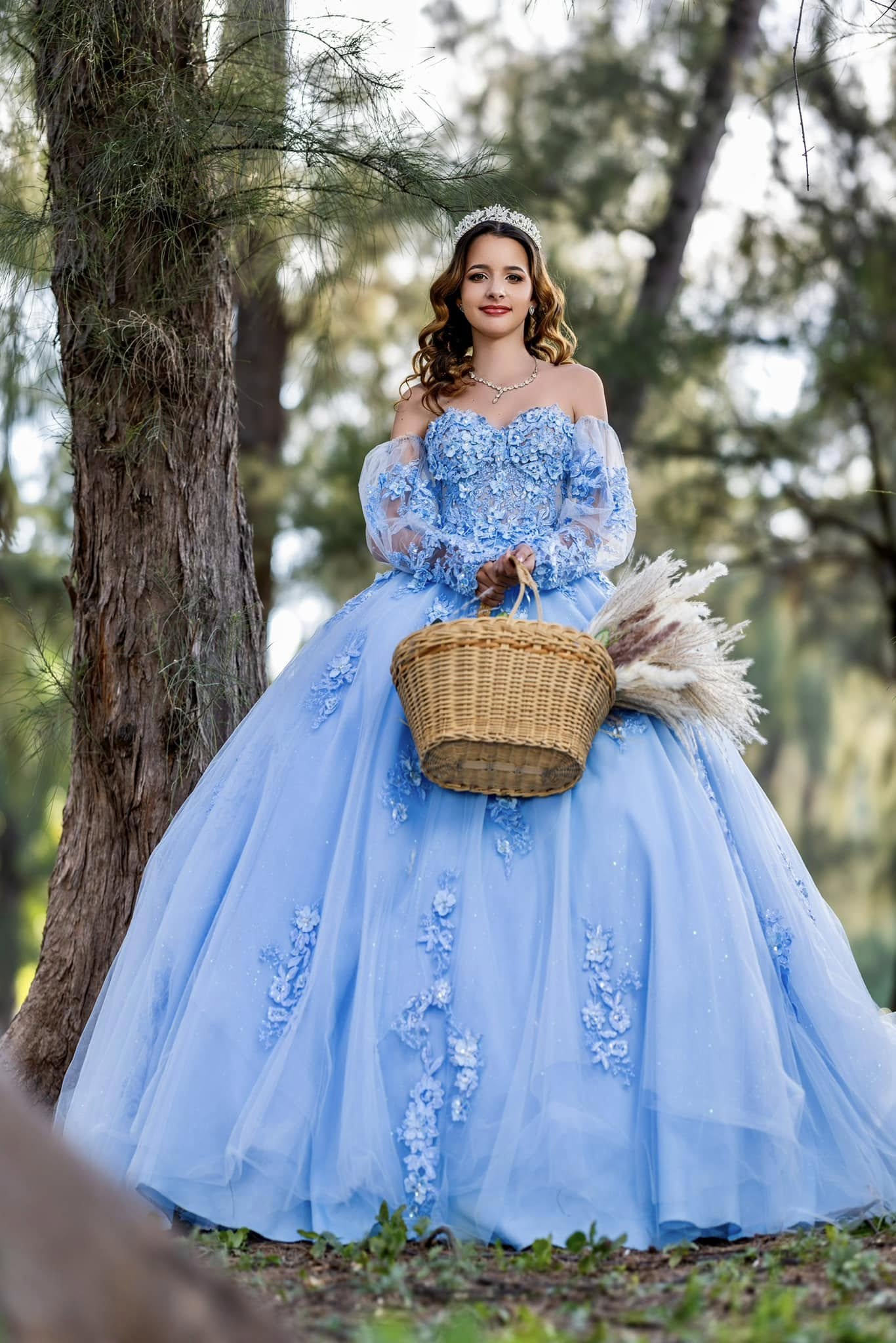 Princess Strapless Blue Quince Dress 3D Flowers with Detchable Sleeves