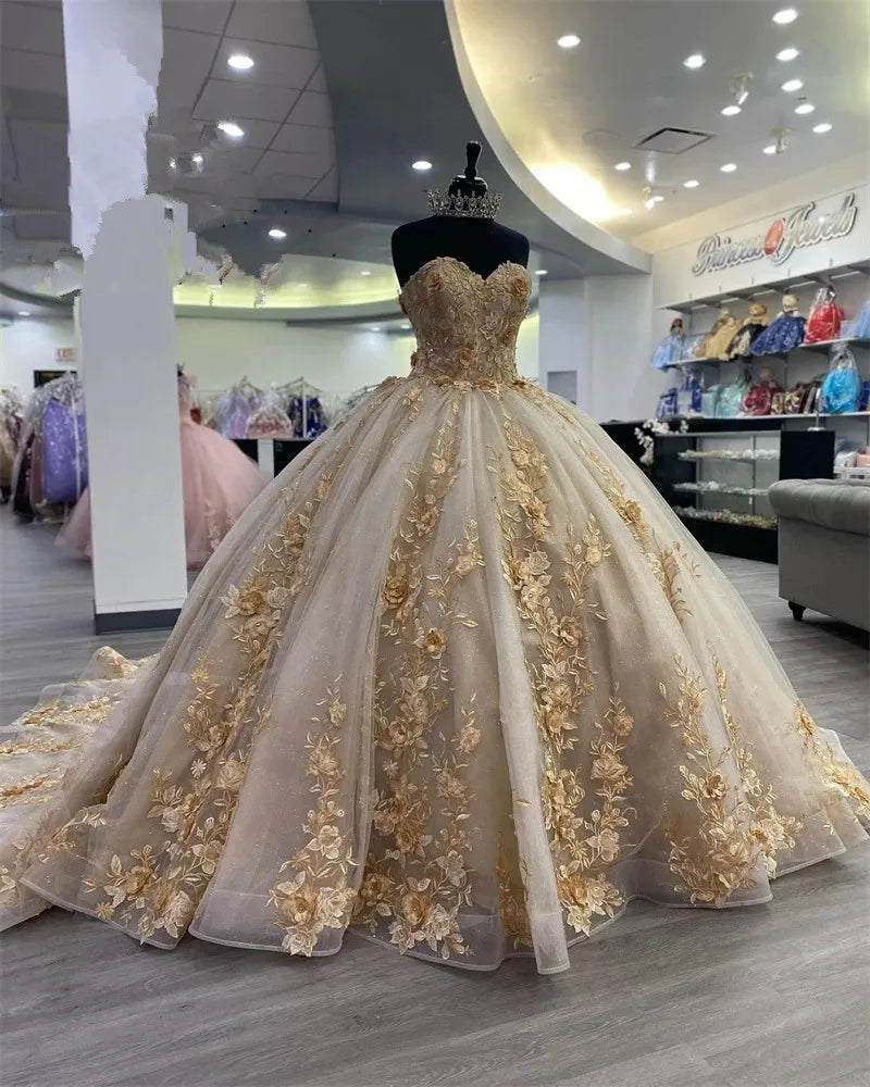 Princess Sweet 16 Champagne Gold Quinceanera Dresses Beaded Appliques