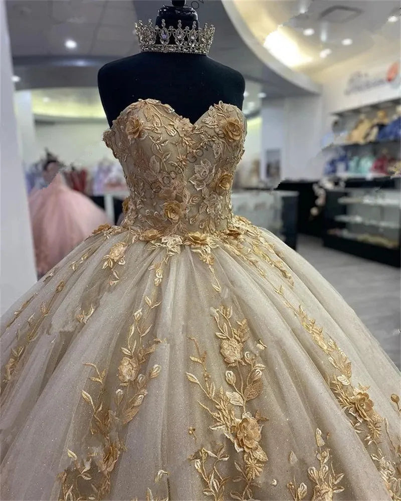Princess Sweet 16 Champagne Gold Quinceanera Dresses Beaded Appliques