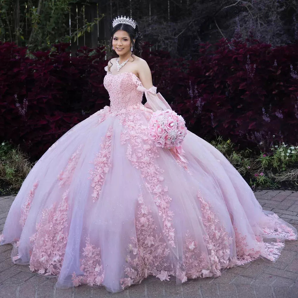 Princess Sweet 16 Pink Quinceanera Dresses with 3D Floral Birthday Gowns Mychicdress