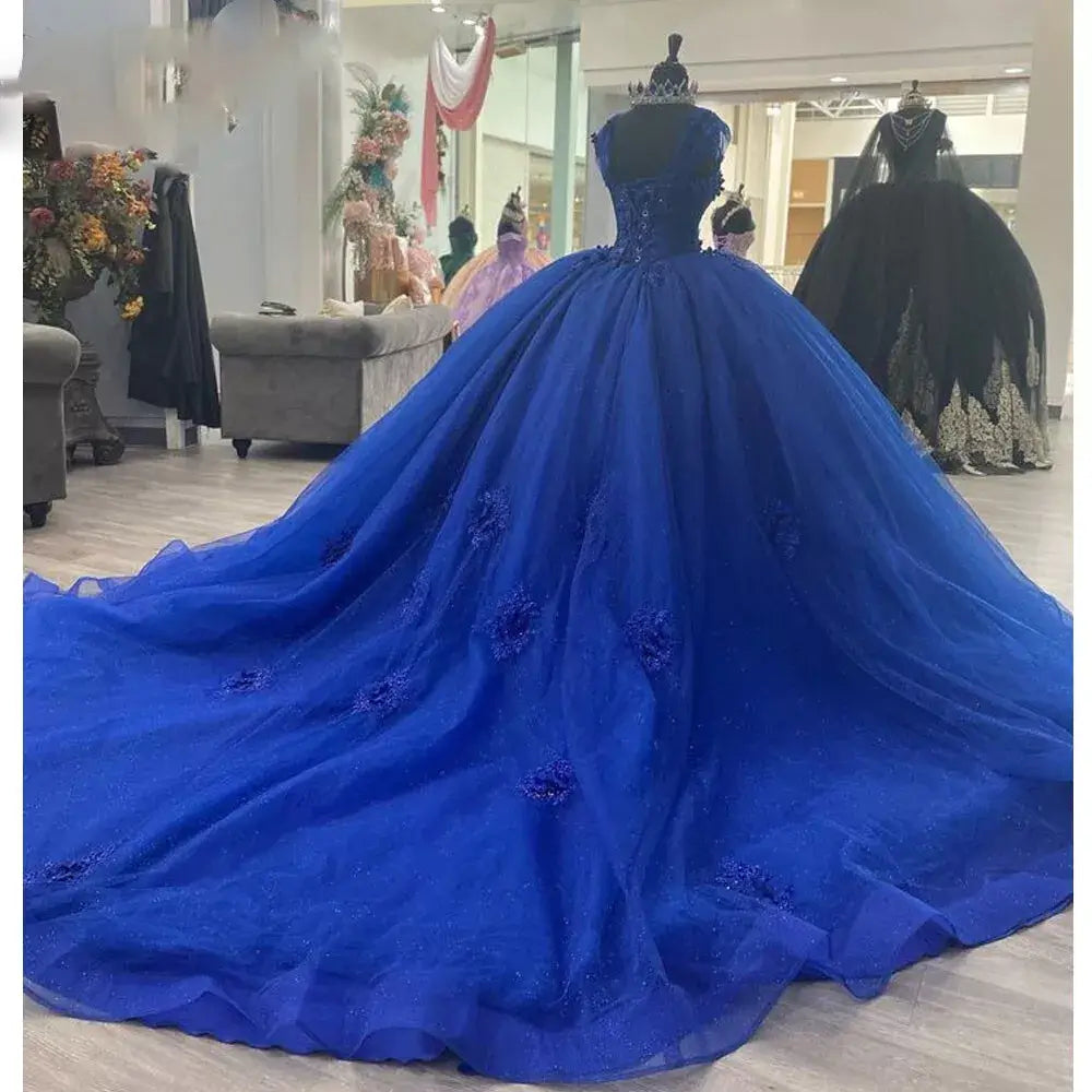 Princess XV Quinceanera Dresses Royal Blue with 3D Floral Beaded