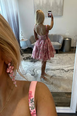 Print  Pink Floral Homecoming Dress Short Straps Mychicdress