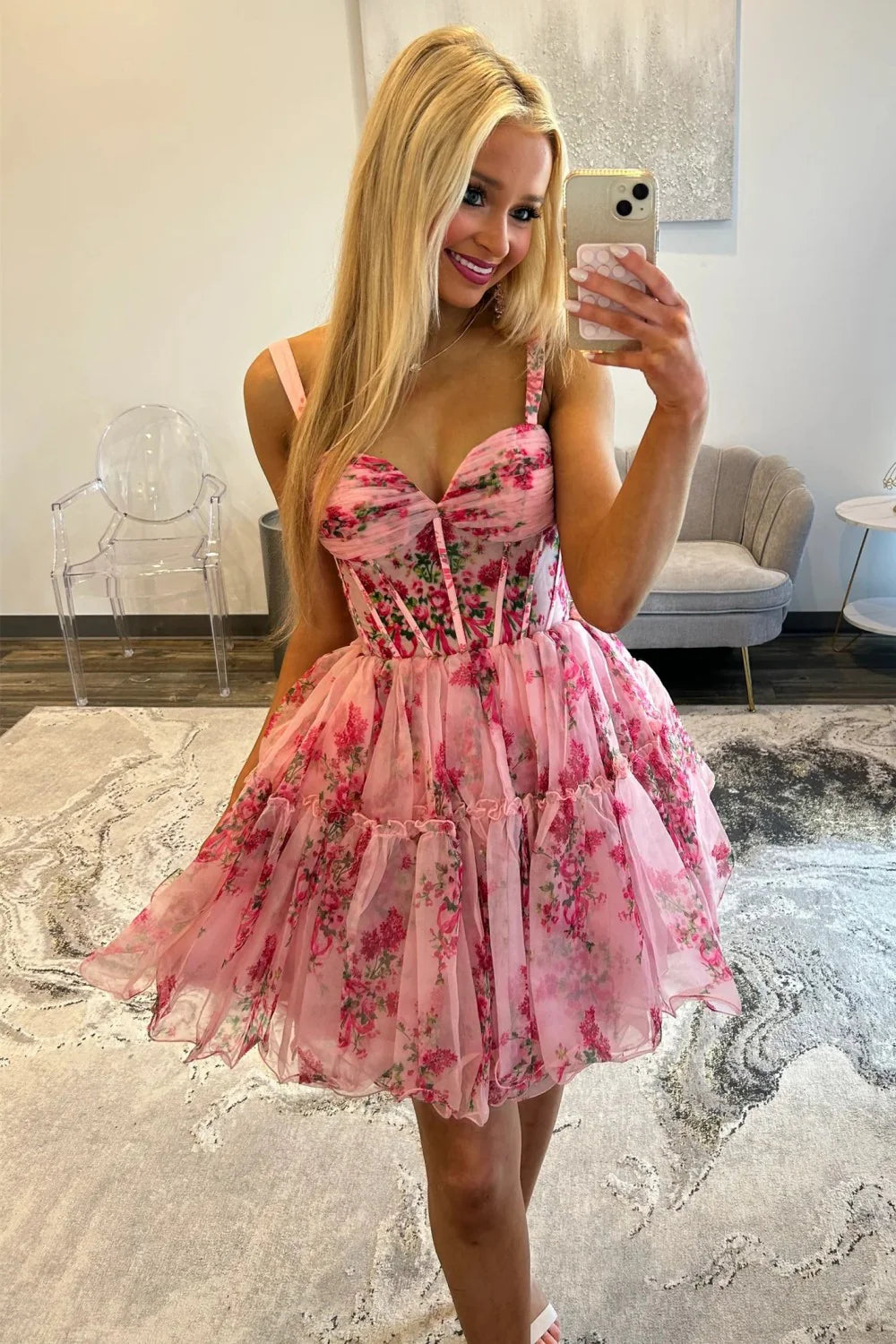 Short Pink Floral Homecoming Dress Straps Mychicdress
