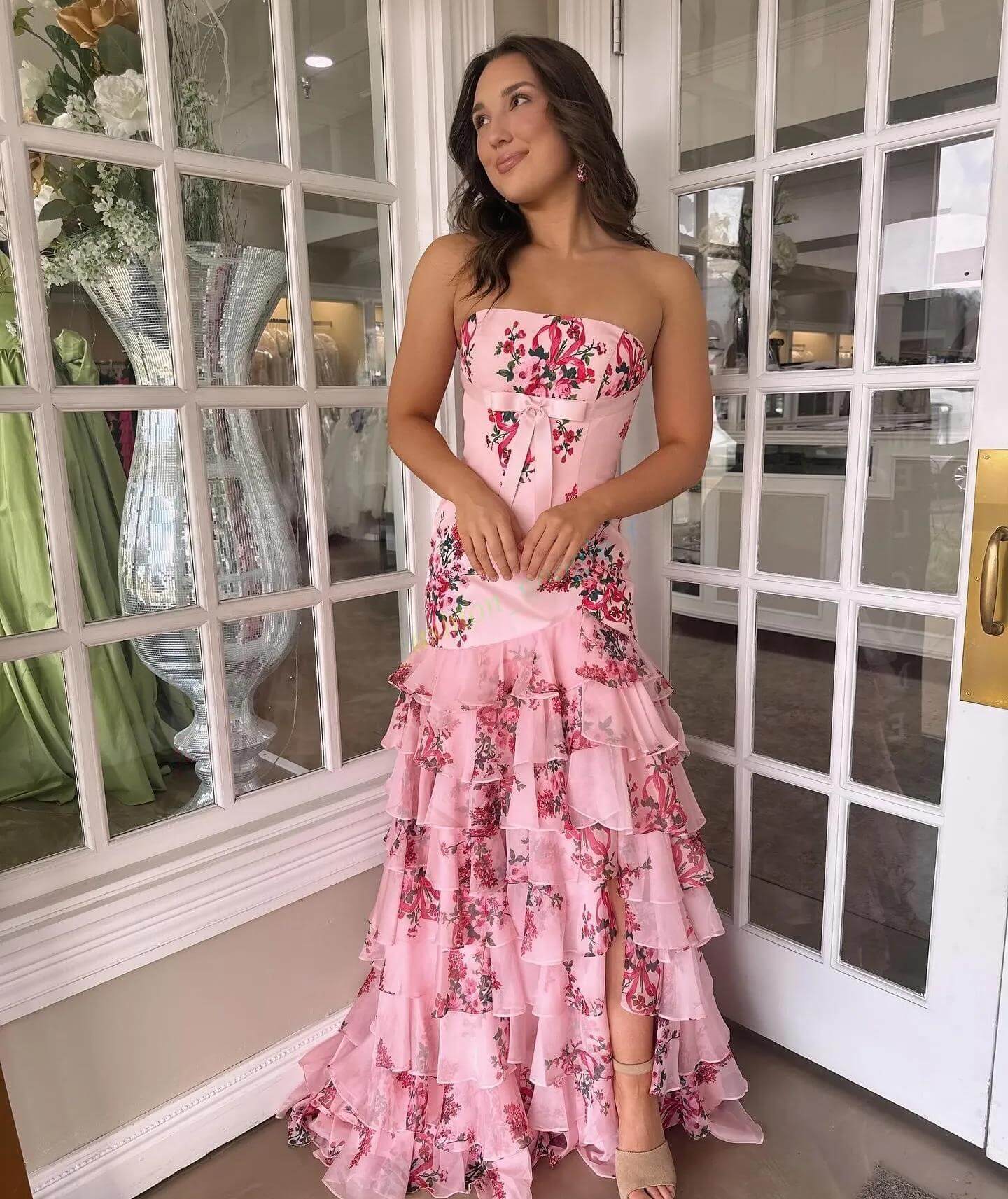 Print Strapless Pink Floral Prom Dress Ruffled Skirt Mermaid