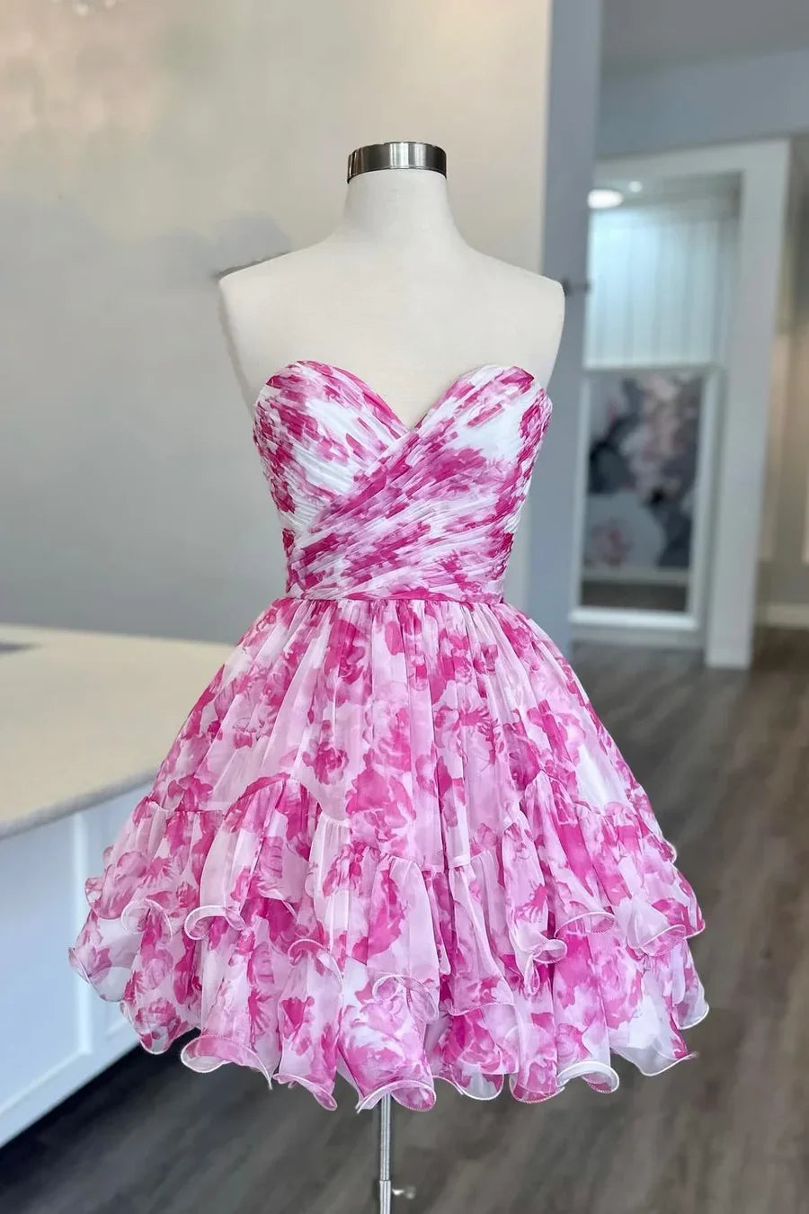 Printed Pink Floral Homecoming Dress Short  A-Line Strapless Mychicdress