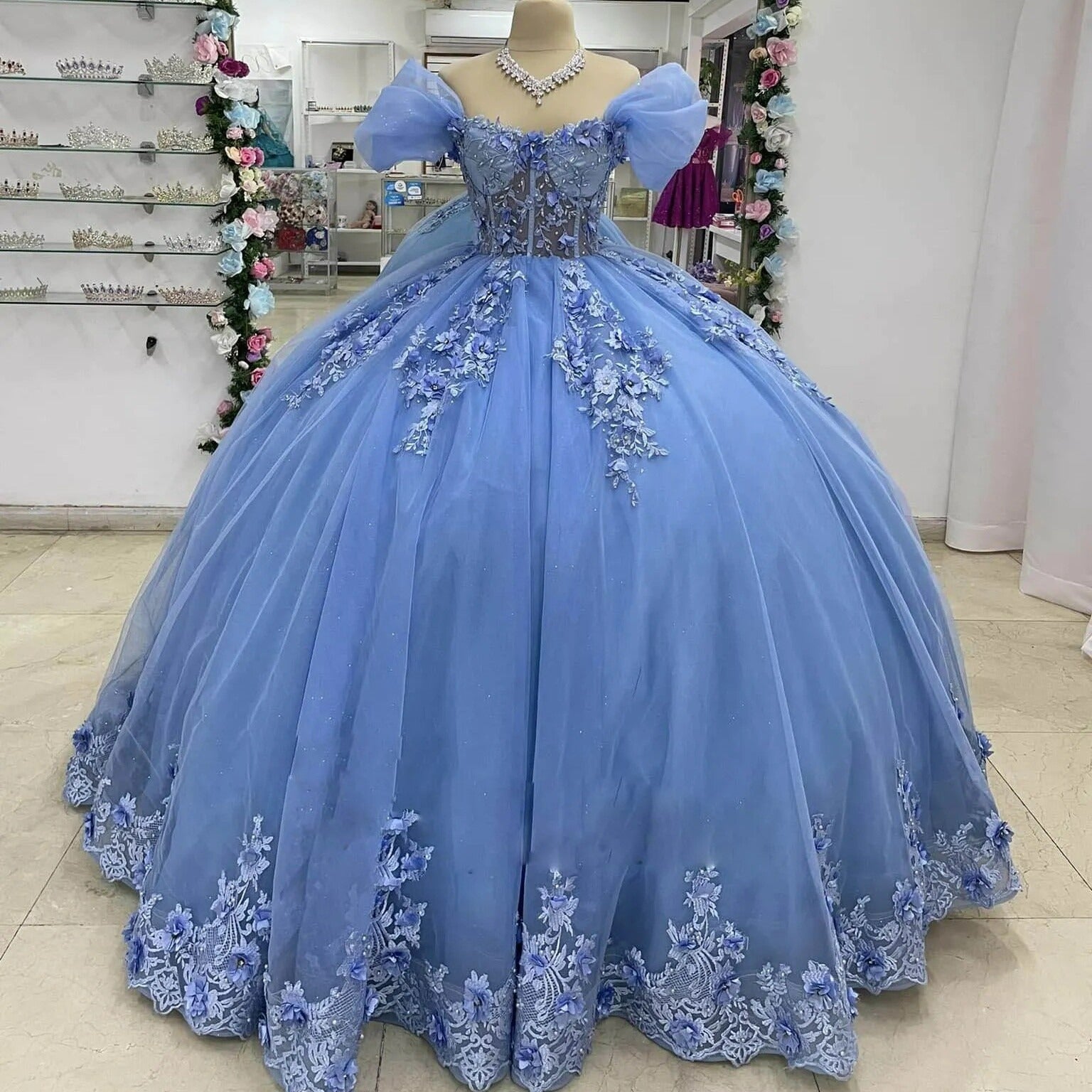 Puff Blue Sweet 15 16 Quinceanera Dresses Off Shoulder 3D Flowers