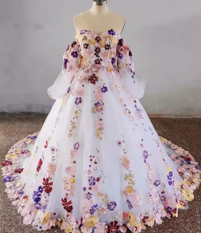 Puff Sleeves Floral Wedding Dress for Women Tulle 3D Flowers Mychicdress