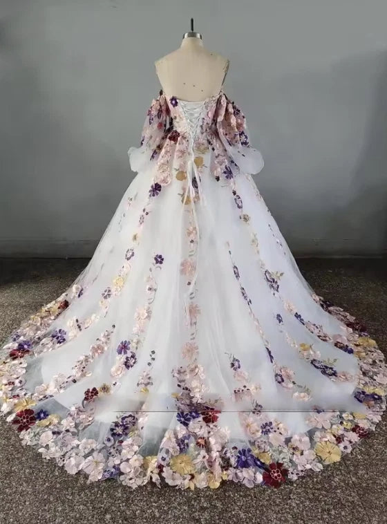 Puff Sleeves Floral Wedding Dress for Women Tulle 3D Flowers Mychicdress
