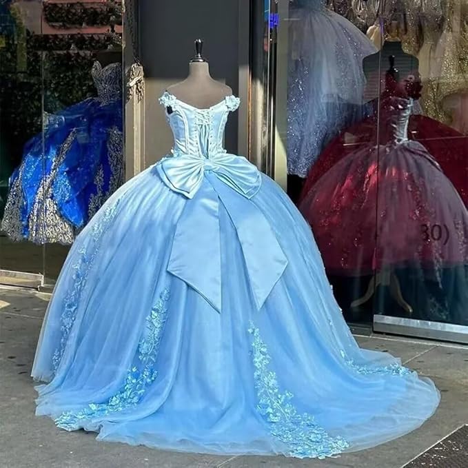 Puffy Blue Quinceanera Dresses Vestido de 15 años 3D Floral Mychicdress