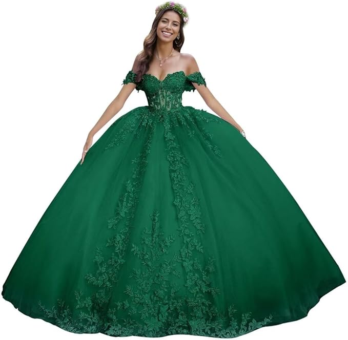 Puffy Lace green Quinceanera Dresses Off Shoulder for Sweet 15 16 Dress Mychicdress