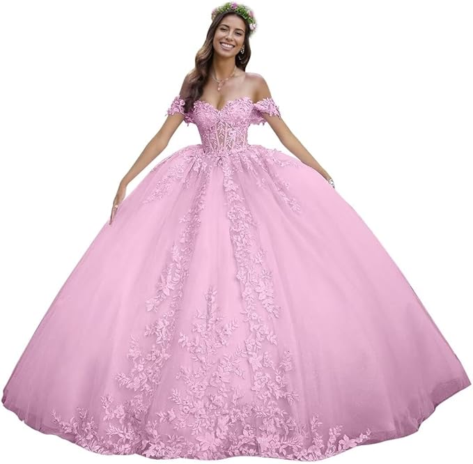 Puffy Lace Pink Quinceanera Dresses Off Shoulder for Sweet 15 16 Dress Mychicdress