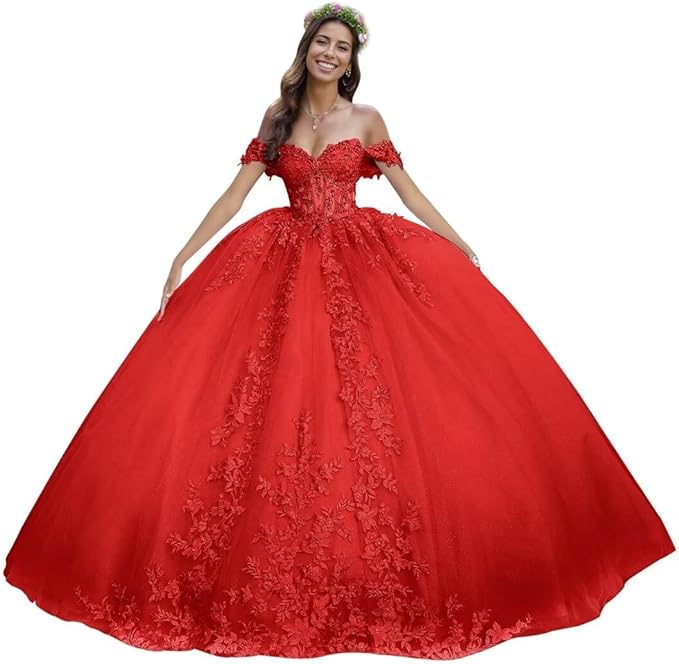 Puffy Lace red Quinceanera Dresses Off Shoulder for Sweet 15 16 Dress Mychicdress