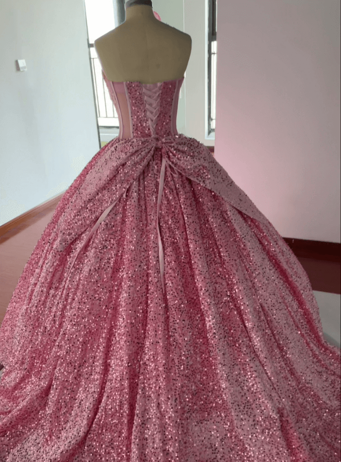 Sparkly Black Sequin Quinceanera 15 Dresses Beaded Strapless with Bow - MyChicDress