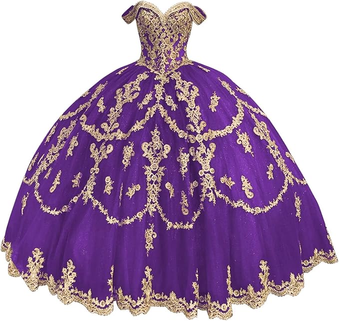 purple Gold Sweet 16 Dress Tulle Lace Quince Dress Vestidos de 15 Años Off Shoulder Mychicdress
