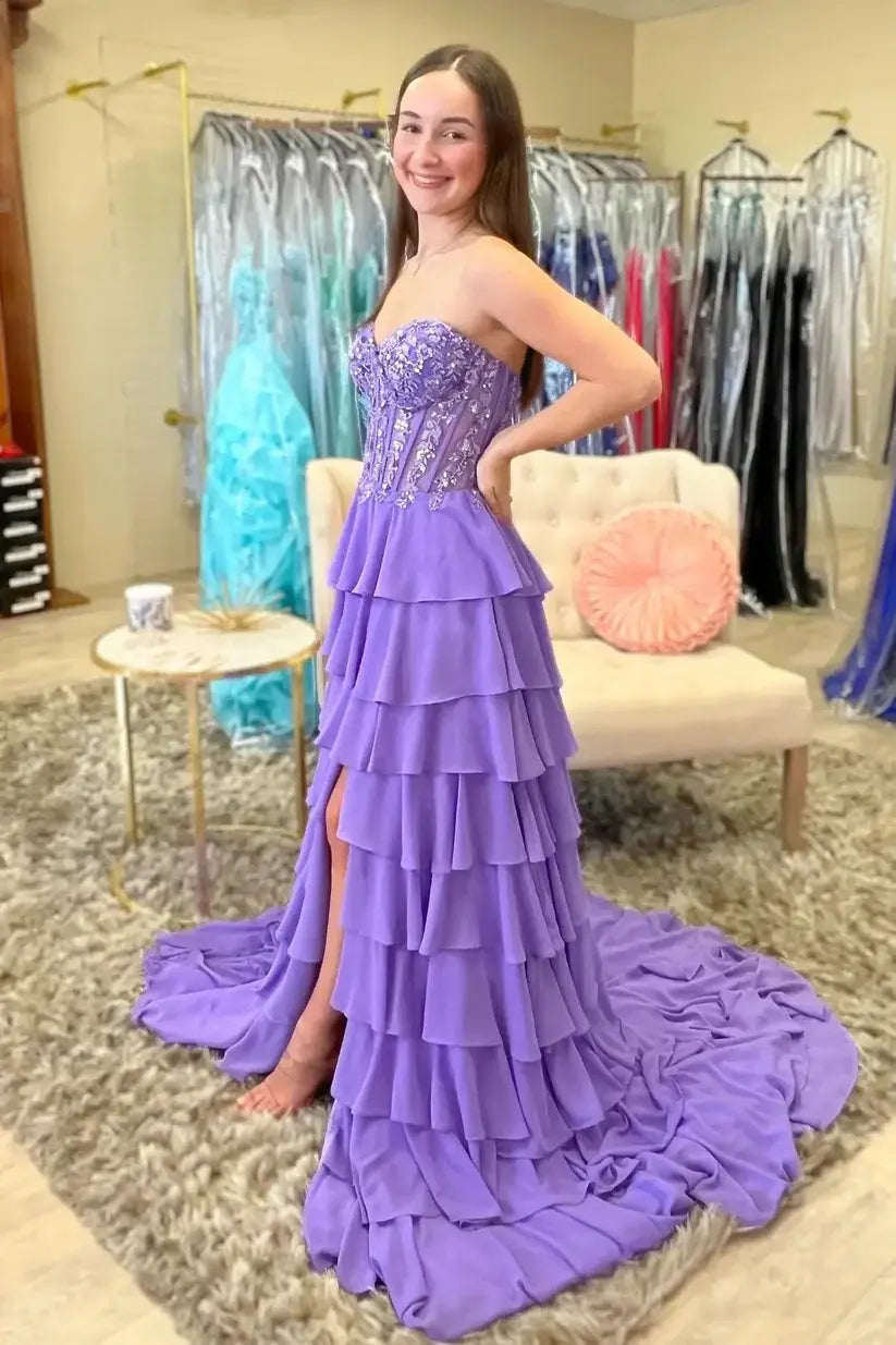 Purple Lace Corset Prom Dress Tiered Ruffles with High Slit