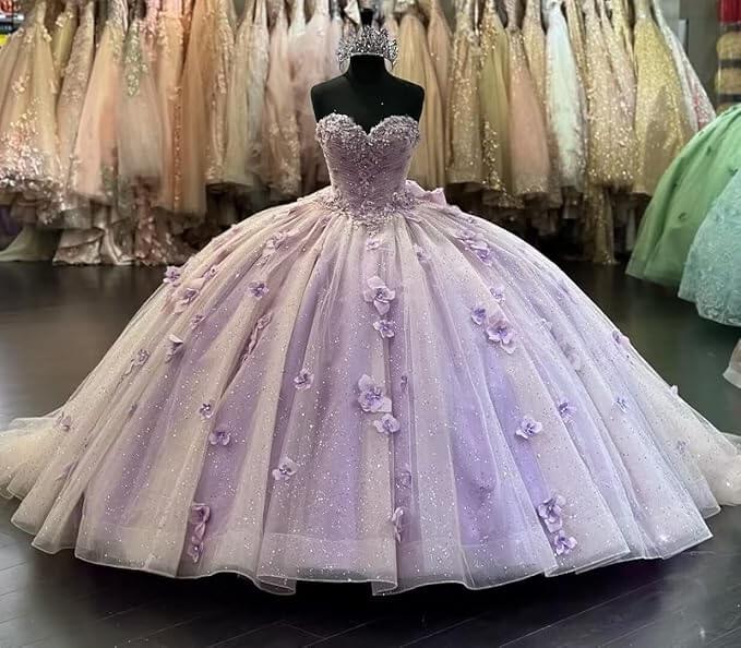 Purple Lilac Glitter Quinceanera Dress Sleeveless 3D Floral with Bow
