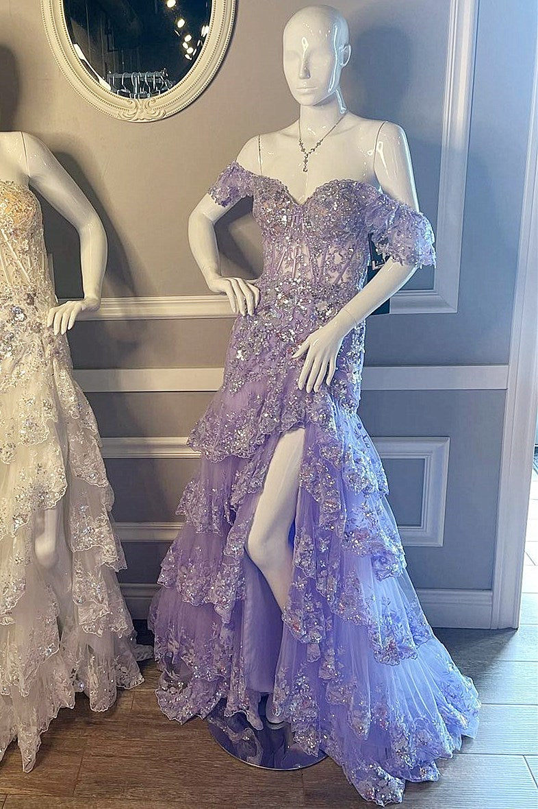 A Line Purple Prom Dresses Tiered Sequins Off the shoulder