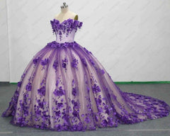 Princess Purple 3D Flower Quinceanera Dress Off The Shoulder Ball Gowns