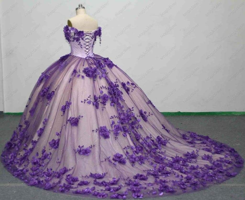 Princess Purple 3D Flower Quince Dress Off The Shoulder Ball Gowns