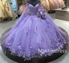 3D Flowers Tulle Sweetheart Ball Gown 2024 Quinceanera Dresses Purple With Cape