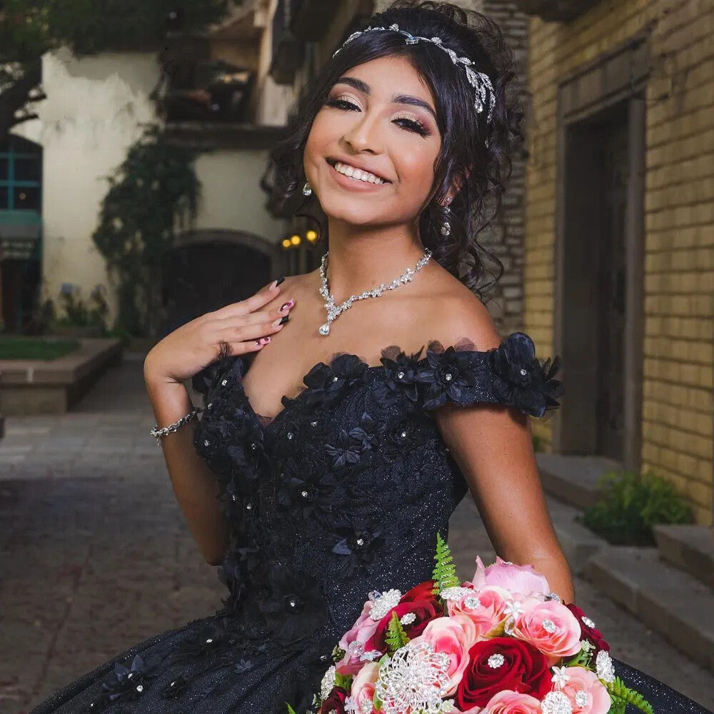 Ball Gown off shoulder navy blue Sweet 16 Quinceanera Dresses Beaded