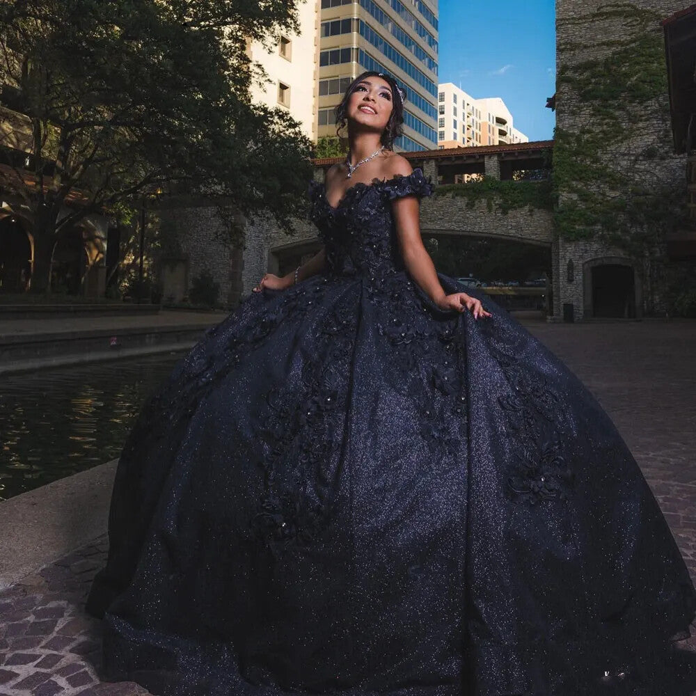 Ball Gown off shoulder navy blue Sweet 16 Quinceanera Dresses Beaded