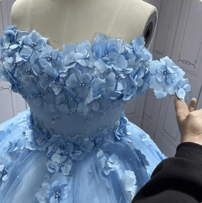 Blue Quinceanera Dresses 3D Flowers Beaded Sweet 16 Birghtday Party Ball Gowns