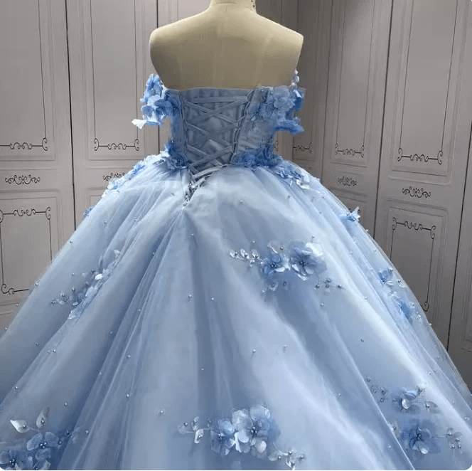 Blue Quinceanera Dresses 3D Flowers Beaded Sweet 16 Birghtday Party Ball Gowns