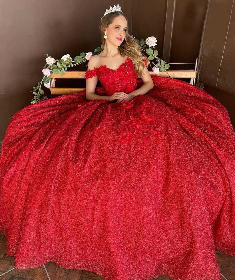 RED Sequin Sweet 16 Quinceanera Dresses with 3D Applique mychicdress