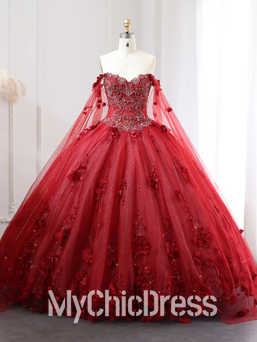 Red Quinceanera Dress 3D Flowers Off-the-Shoulder with Cape