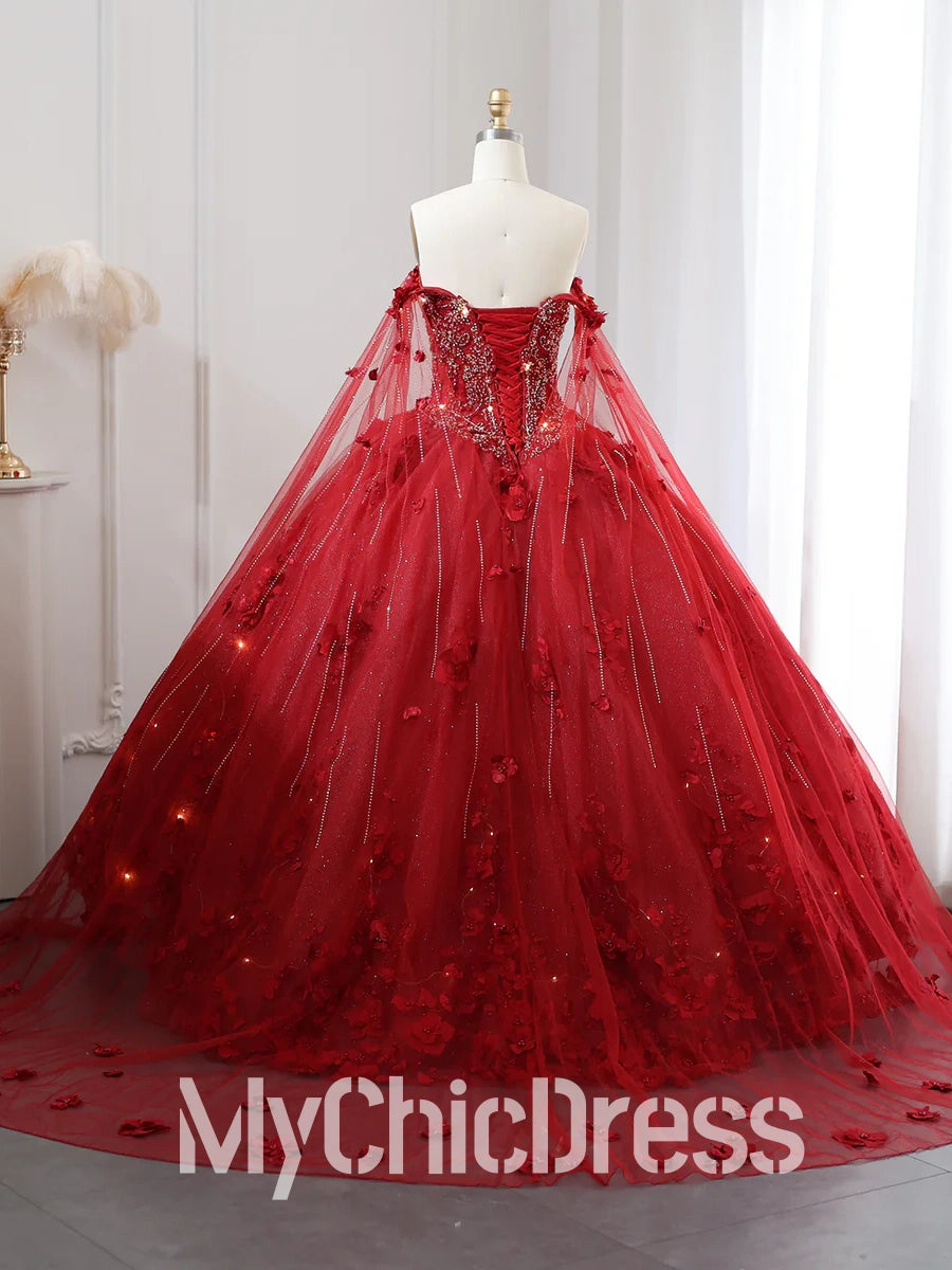 Red Quinceanera Dress 3D Flowers Off-the-Shoulder with Cape