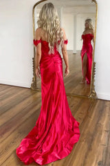 Red Corset Prom Dress Satin Off the Shoulder Mermaid with Appliques