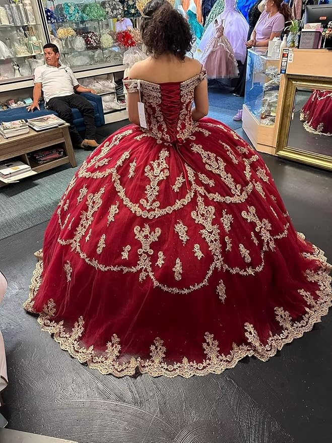 Red Gold Sweet 16 Dress Tulle Lace Quince Dress Vestidos de 15 Años Off Shoulder Mychicdress