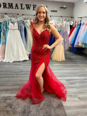 Red Lace Mermaid Prom Dresses V Neck Open Back Slit