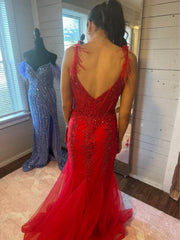 Red Lace Mermaid Prom Dresses V Neck Open Back Slit