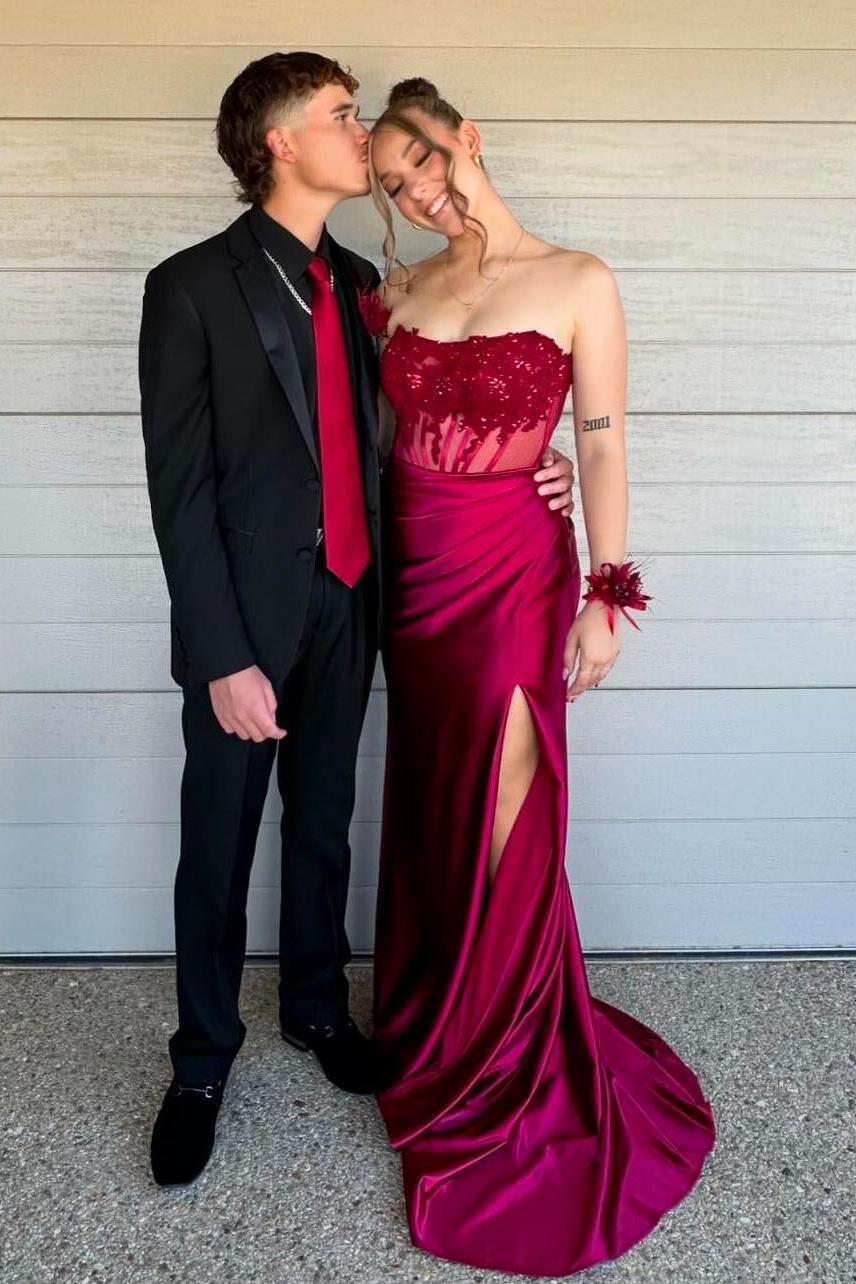 Red Strapless Fitted Senior Prom Dress Lace Appliques Long Formal Gown Mychicdress